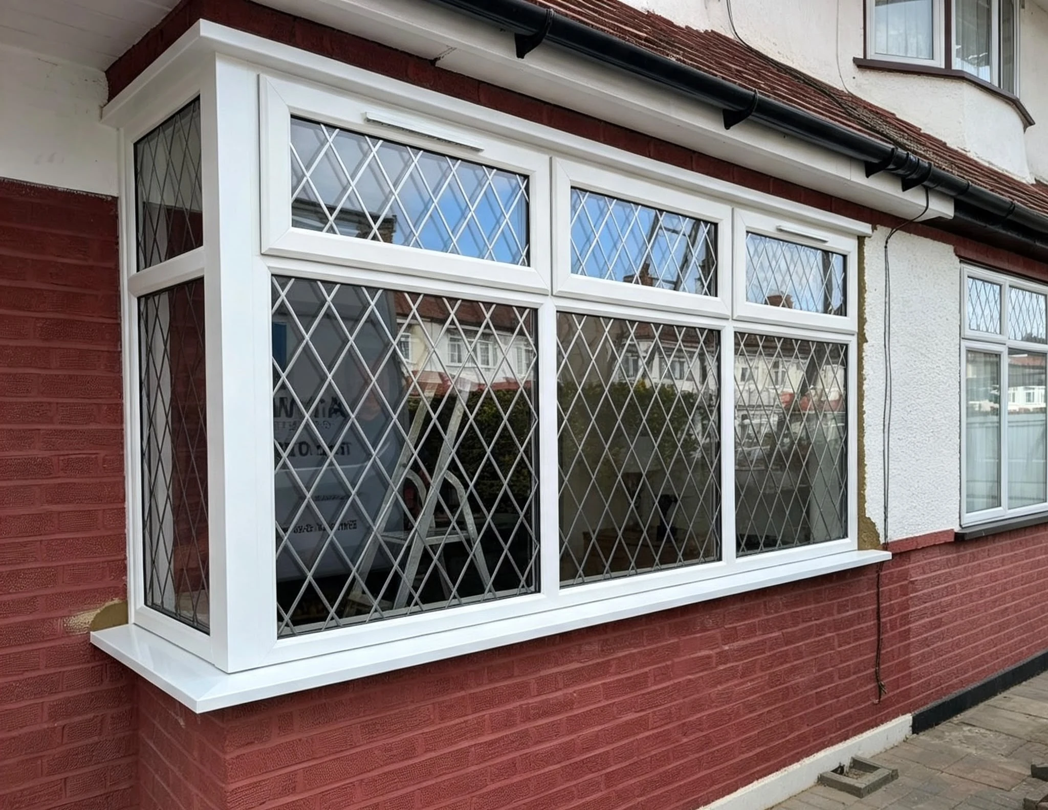 Square bay with diamond leaded lights, side returns and a deep white cill