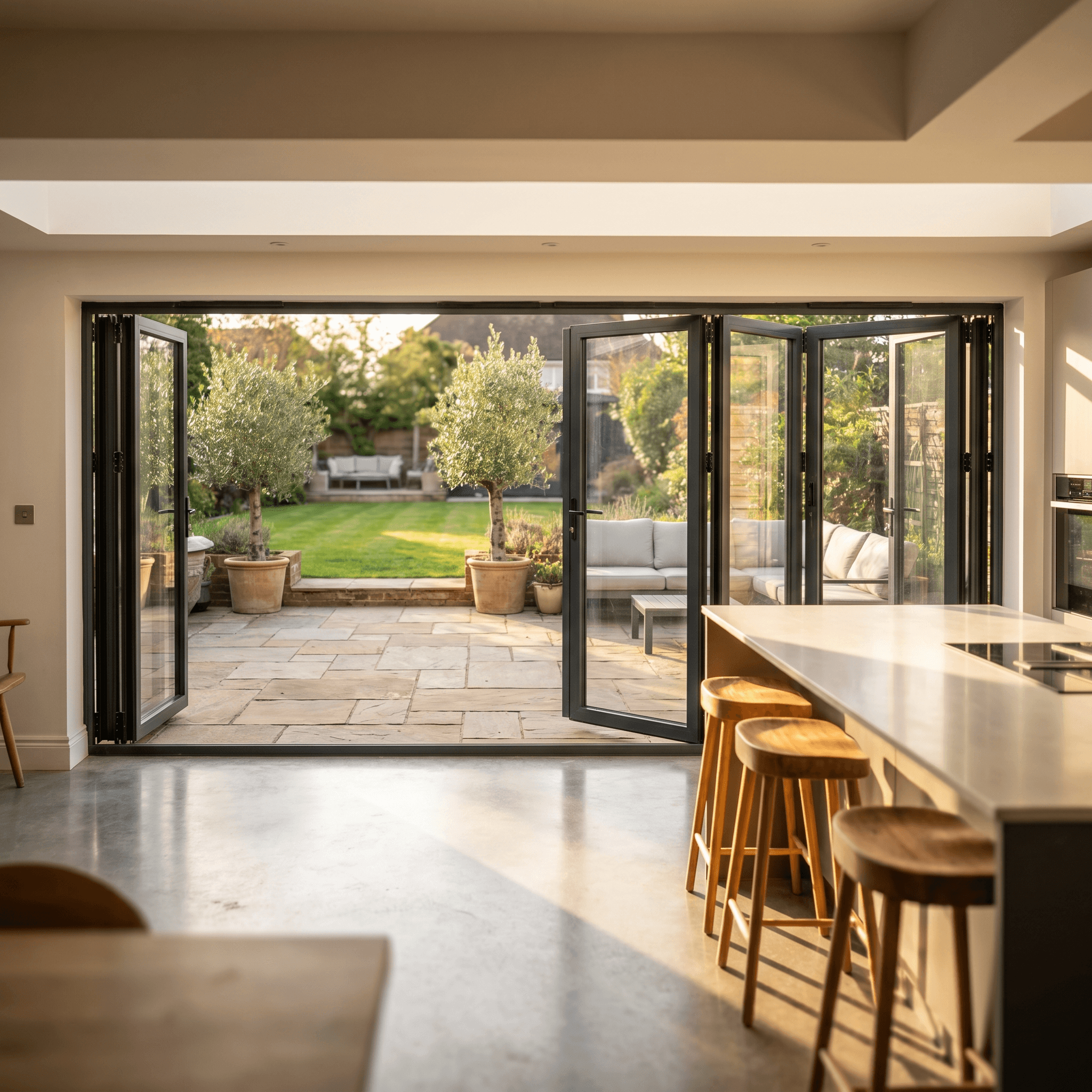 Open aluminium bi-fold doors to garden, Surrey — A1 Window Construction Ltd