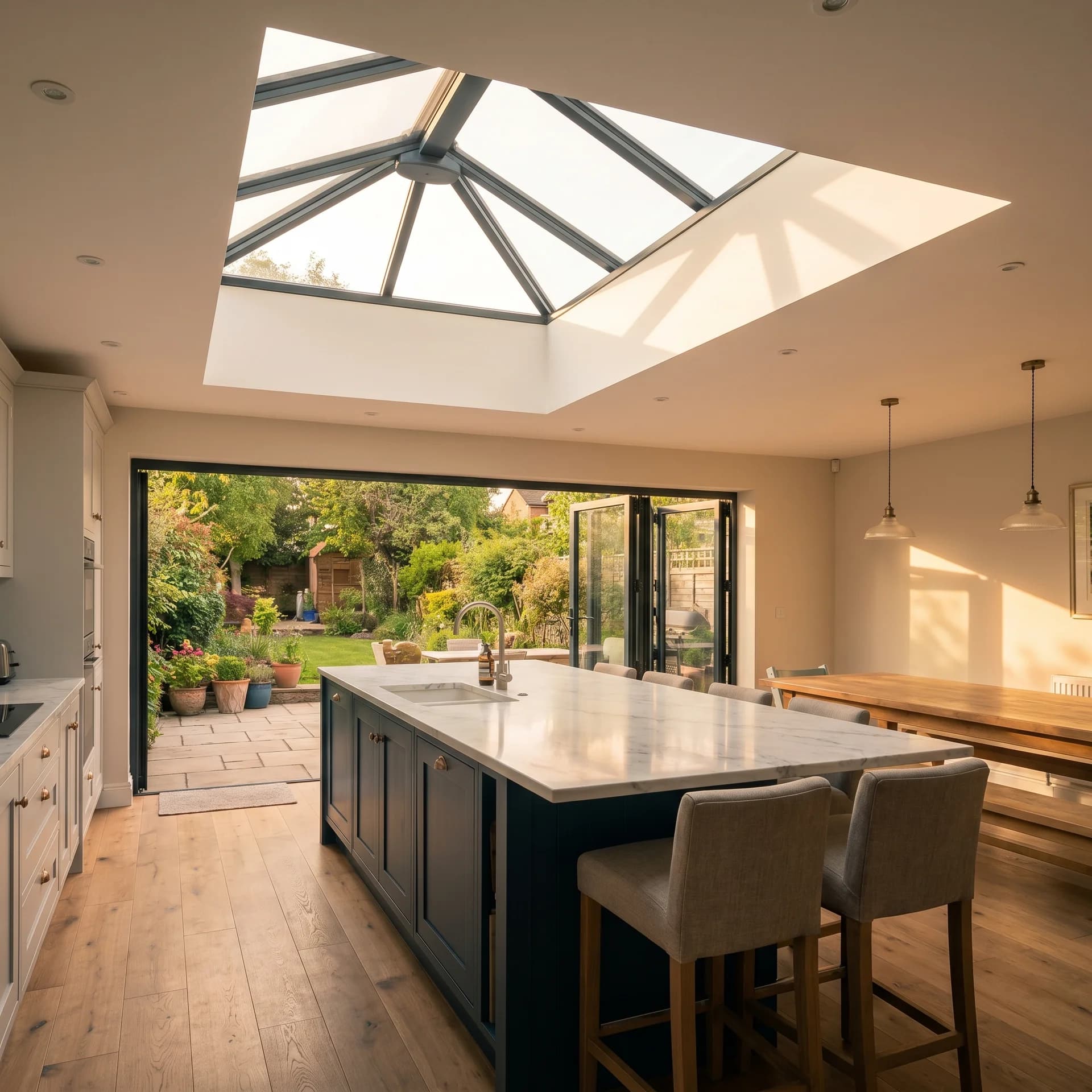 Kitchen extension with roof lantern and open aluminium bi-fold doors to garden
