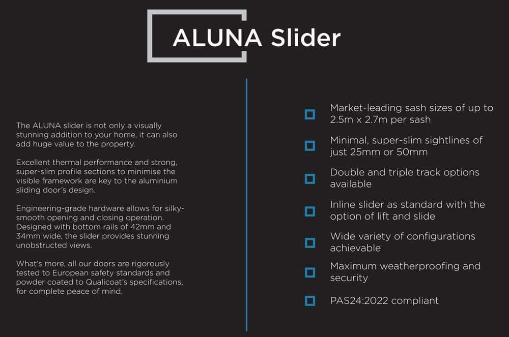 ALUNA sliding door system interior view — slim sightlines and smooth running gear