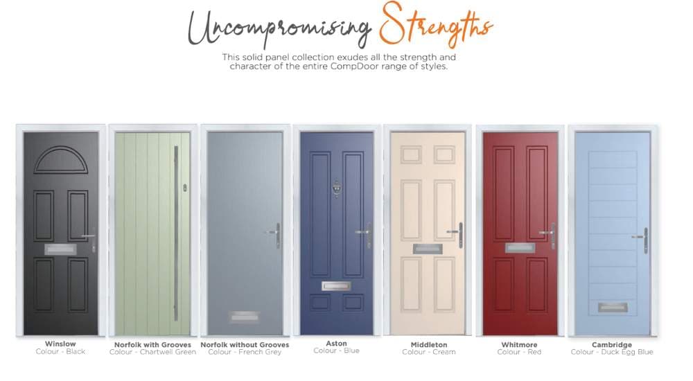CompDoor composite door styles — Winslow, Norfolk, Aston, Middleton, Whitmore, Cambridge