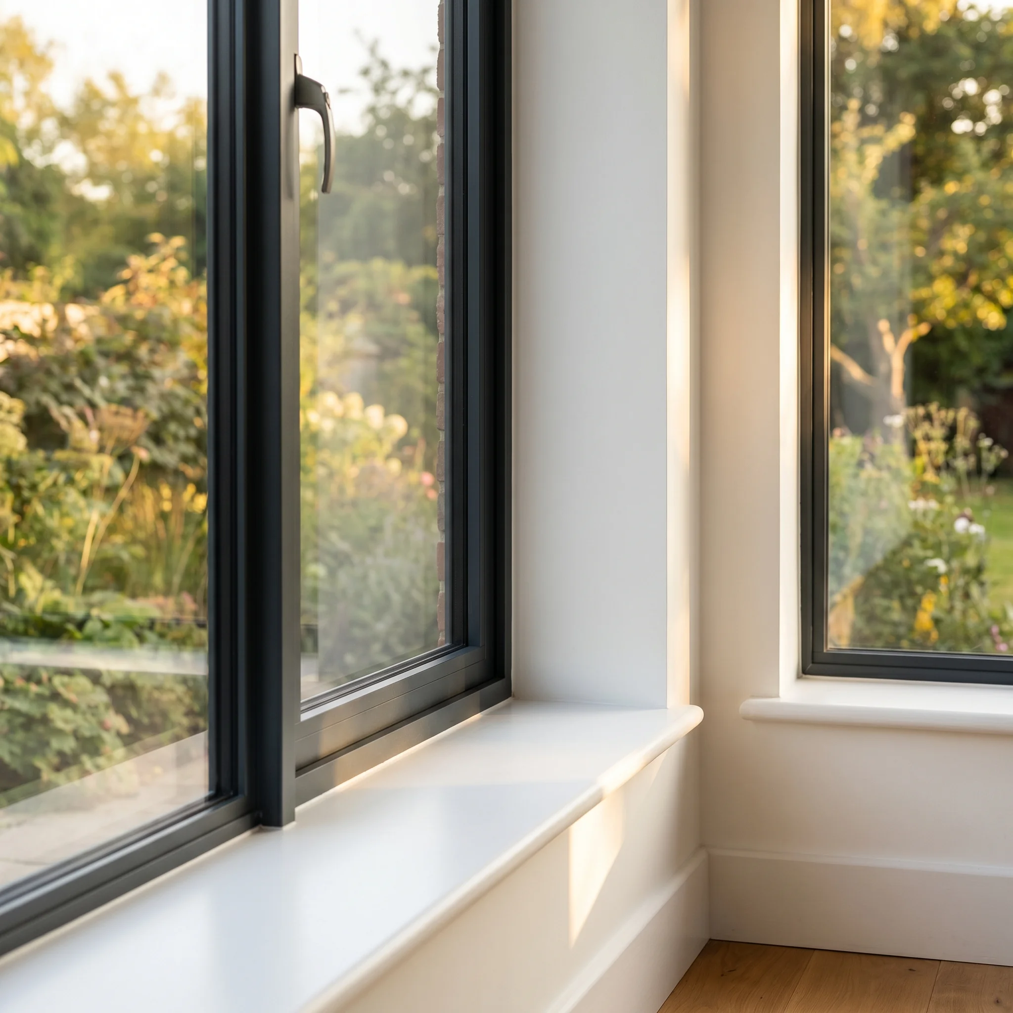 Premium anthracite aluminium casement window with white reveals and golden garden light — A1 Window Construction Ltd